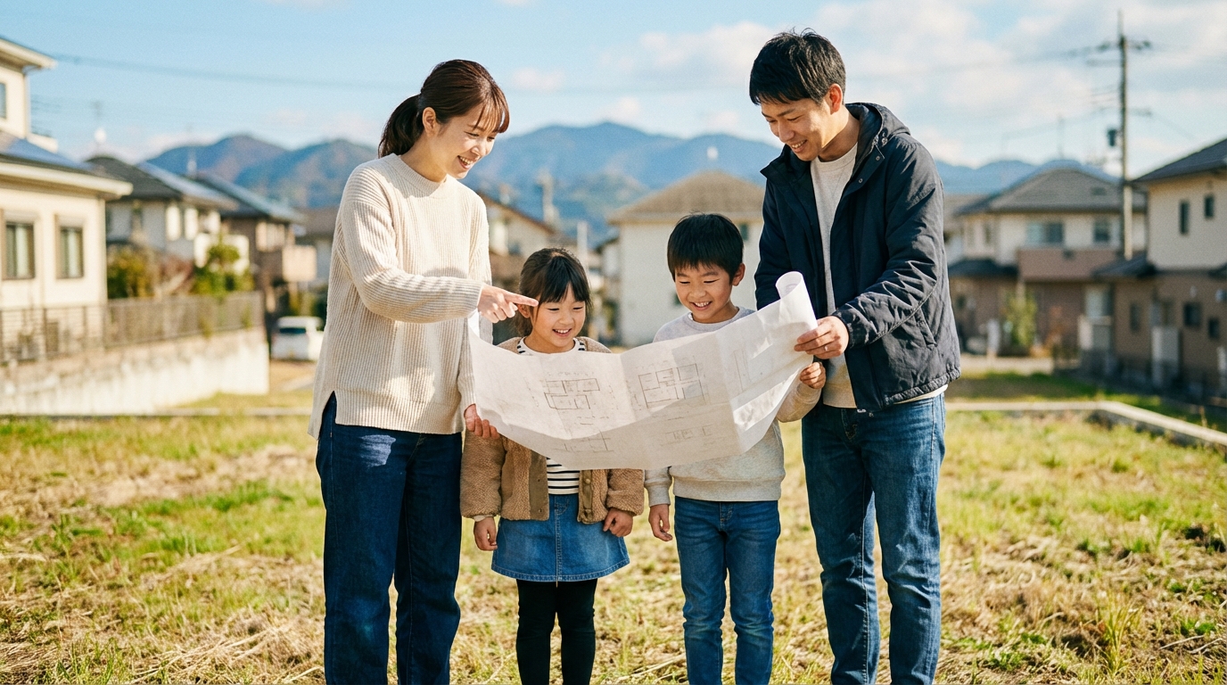 若い家族が購入した土地の前で、笑顔でマイホームの計画を話し合っている。多治見市での理想の子育てライフの始まりを象徴する一枚。