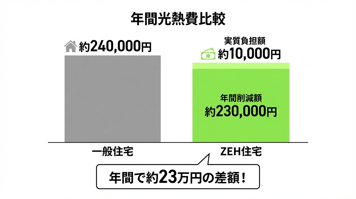 ZEH住宅と一般住宅の年間光熱費を比較した棒グラフ。ZEH住宅は年間で約23万円の光熱費削減効果があることを示しています。