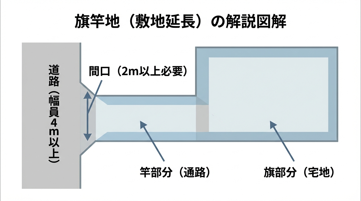 旗竿地(敷地延長)の形状を解説する図解。道路に2m以上接する通路部分(竿)とその奥にある宅地(旗)の位置関係を示している。