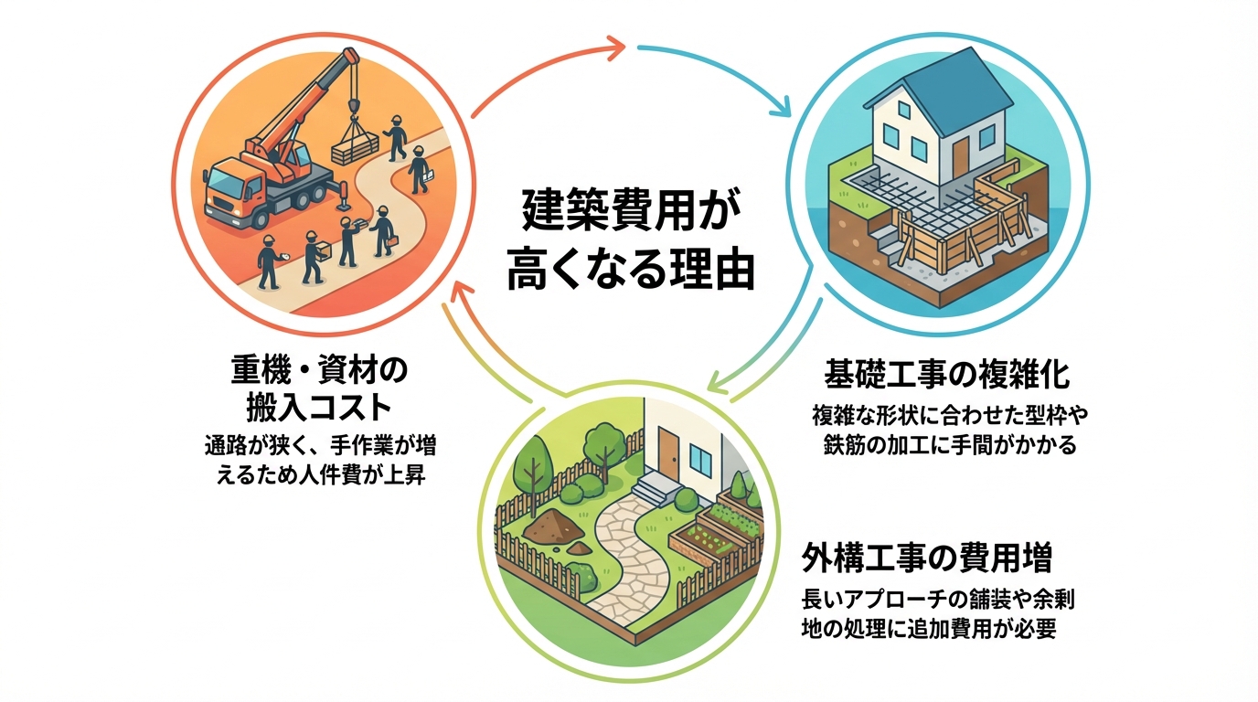 変形地の建築費用が高くなる3つの主な理由を示した図解。重機・資材の搬入コスト、基礎工事の複雑化、外構工事の費用増がアイコンと共に解説されている。