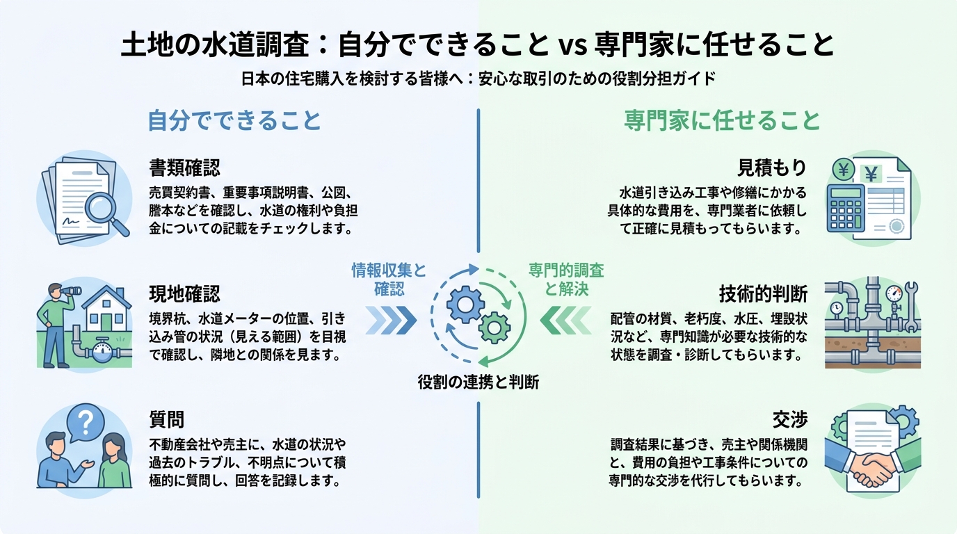 土地の水道調査で自分でできること(書類確認、現地確認、質問)と専門家に任せること(見積もり、技術的判断、交渉)を比較した分かりやすい図解。