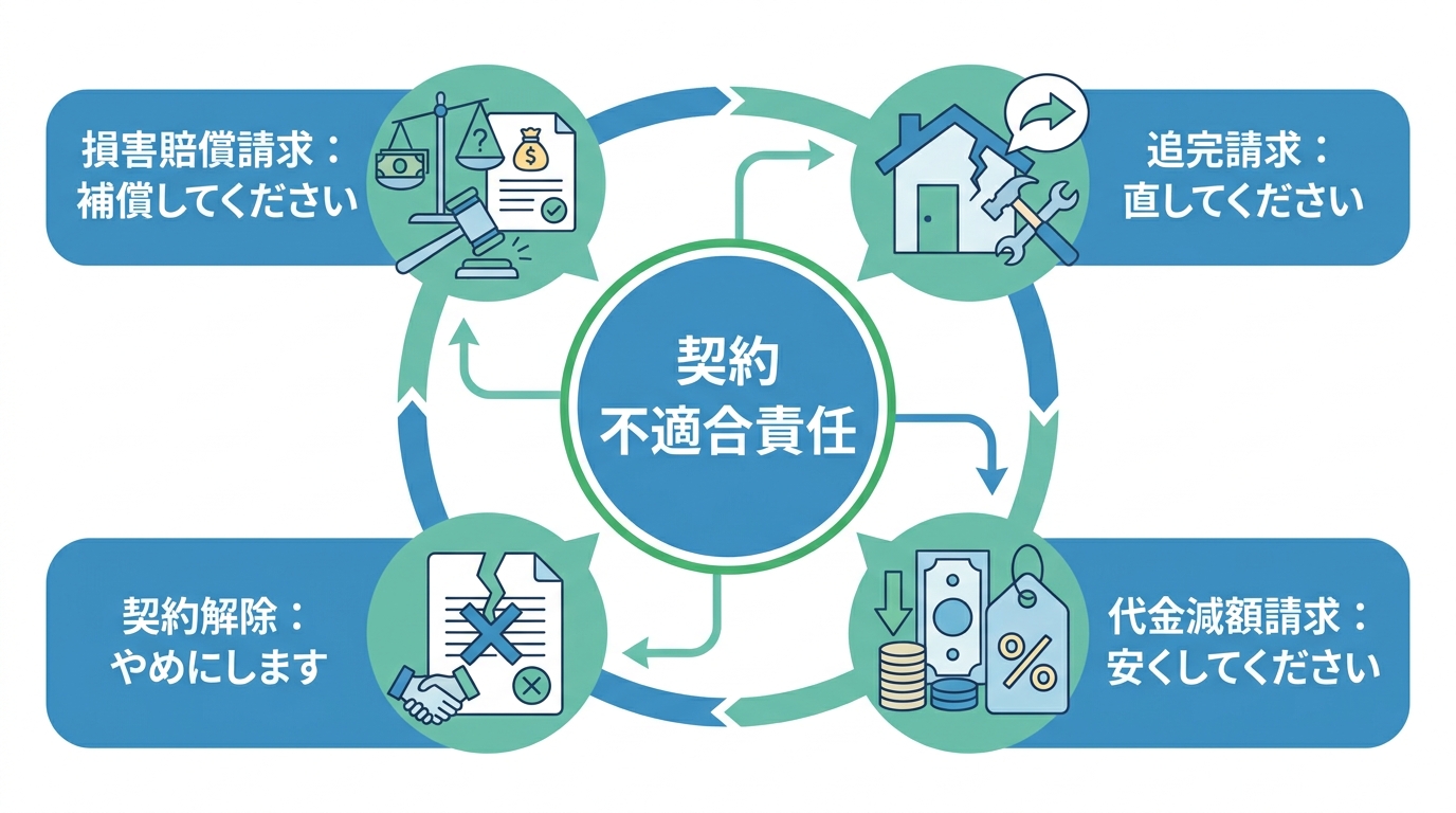 土地の契約不適合責任における買主の4つの権利(追完請求、代金減額請求、契約解除、損害賠償請求)をまとめた図解。