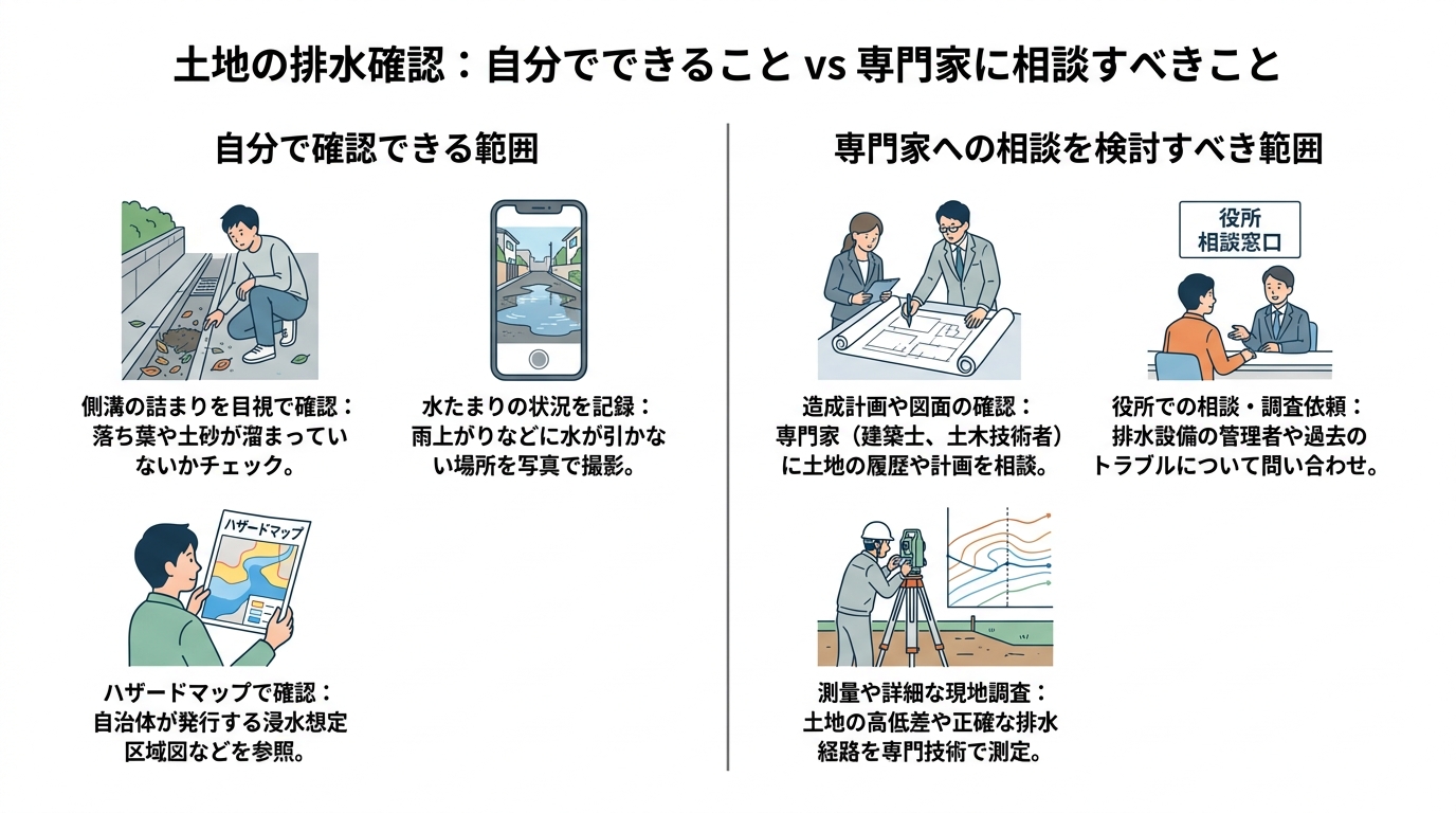 土地の排水確認における自己判断と専門家相談の境界線を示した図解。自分でできることとして側溝の目視確認、専門家に相談すべきこととして造成計画図の判断などが挙げられている。