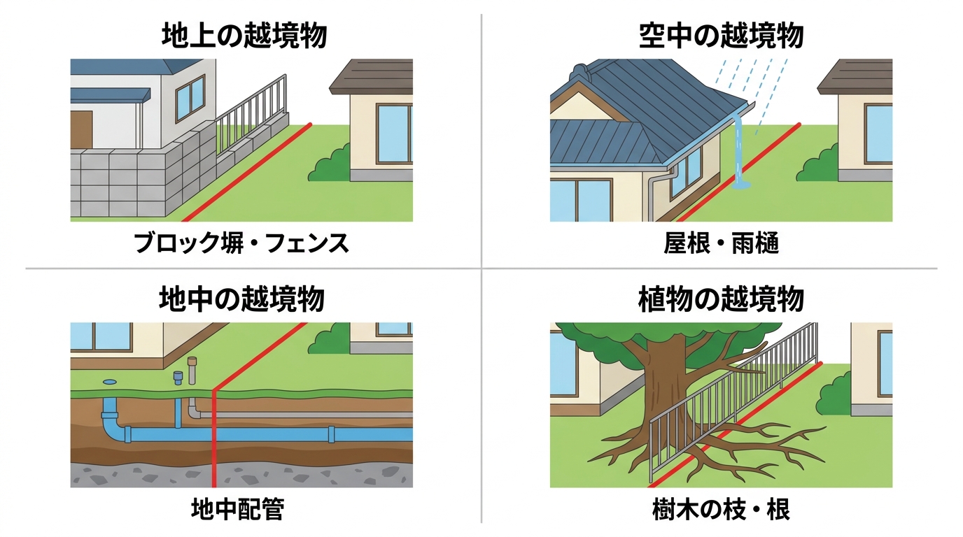 土地購入時に注意すべき越境物の種類をまとめた図解。地上(ブロック塀)、空中(屋根)、地中(配管)、植物(樹木)の4つのパターンがイラストで示されている。
