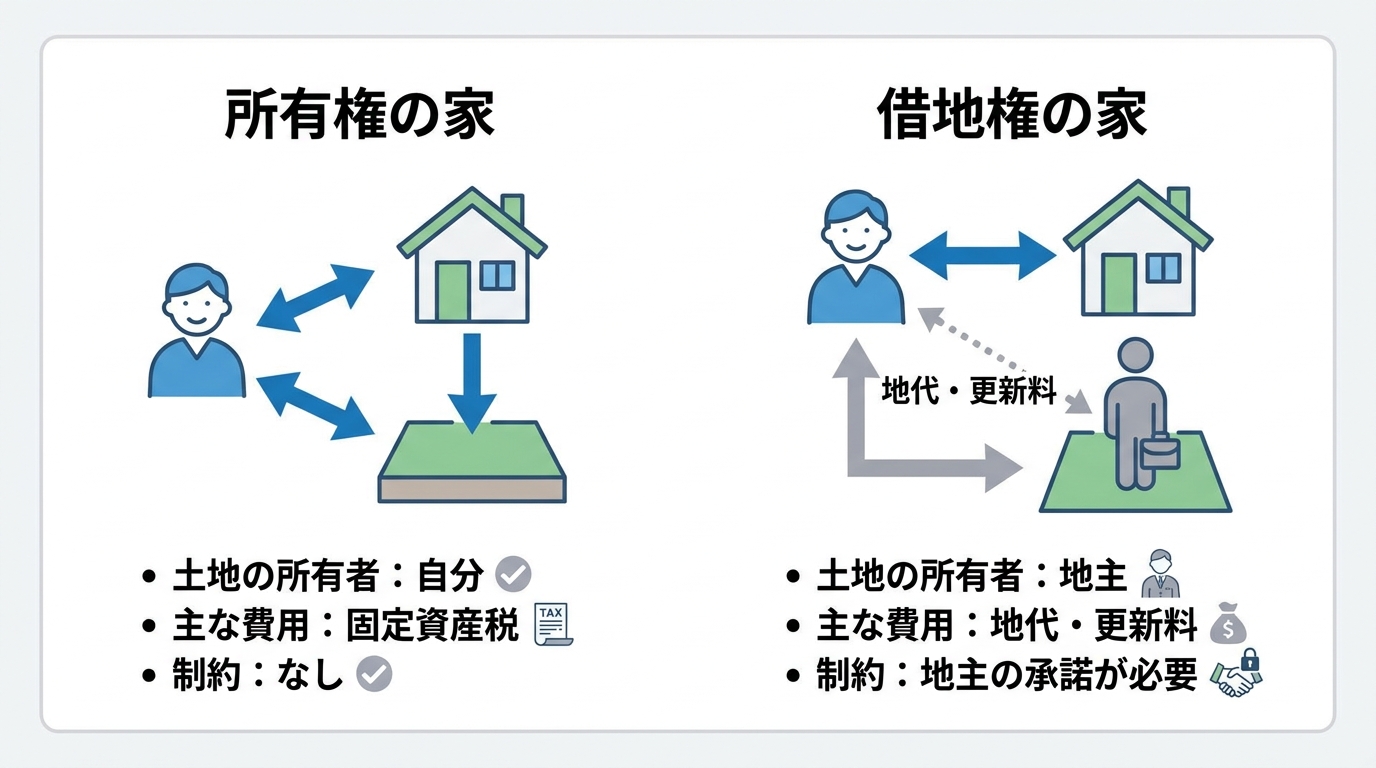 所有権と借地権の構造的な違いを比較した図解。所有権は土地と建物を両方所有するが、借地権は土地を地主から借りて建物を所有する仕組みを示している。