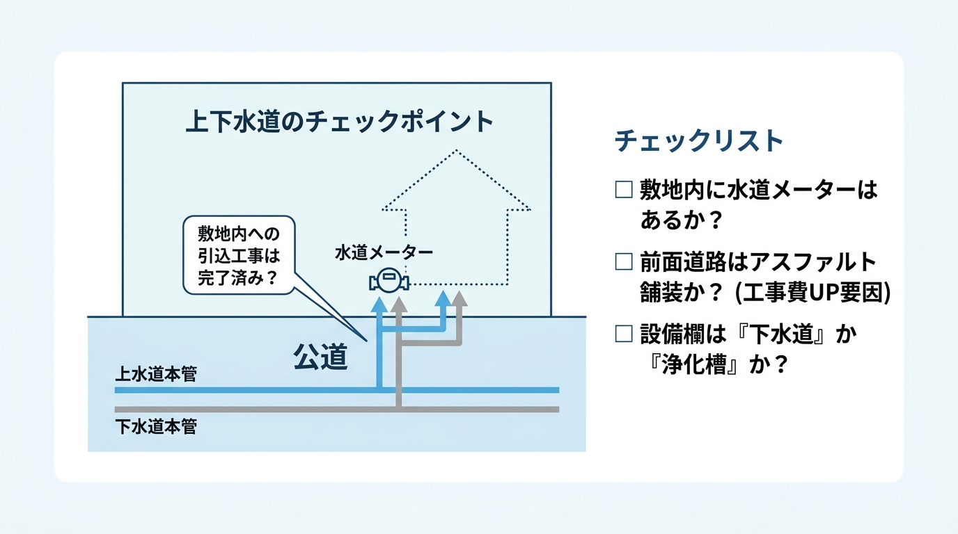 土地の上下水道引込工事のチェックポイントを示した図解。敷地内に水道メーターがあるか、前面道路の種類、設備欄の記載内容を確認する重要性を説明している。