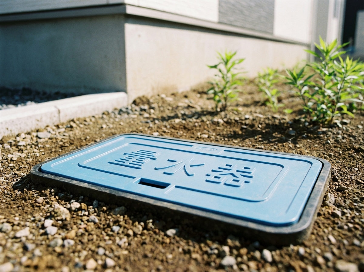 地面に設置された青い蓋の水道メーターボックス。土地の水道が引き込み済みかを確認する際の重要なチェックポイント。