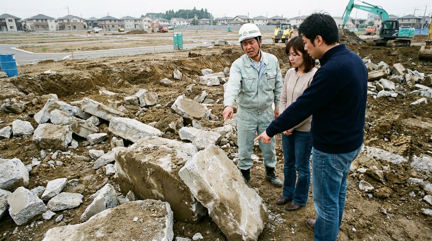 購入した土地の地中からコンクリートガラが見つかり、途方に暮れる施主と現場監督。
