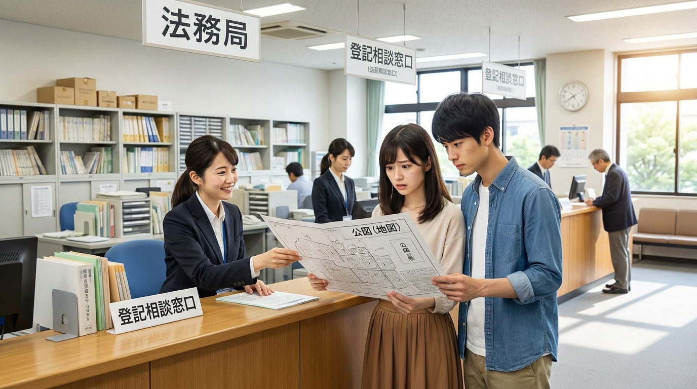 法務局で公図を取得している夫婦のイラスト。土地の排水リスクを調べるため、行政資料を取り寄せている様子。