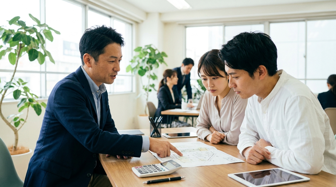 不動産会社のオフィスで、専門家から土地の測量図について説明を受ける若い夫婦。将来のマイホーム購入に向けて真剣に話を聞いている様子。