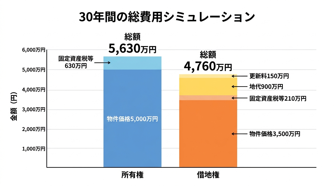 所有権と借地権の30年間総費用を比較するシミュレーションの棒グラフ。所有権が約5,630万円に対し、借地権は約4,760万円となり、初期費用の差が大きく影響していることを示している。