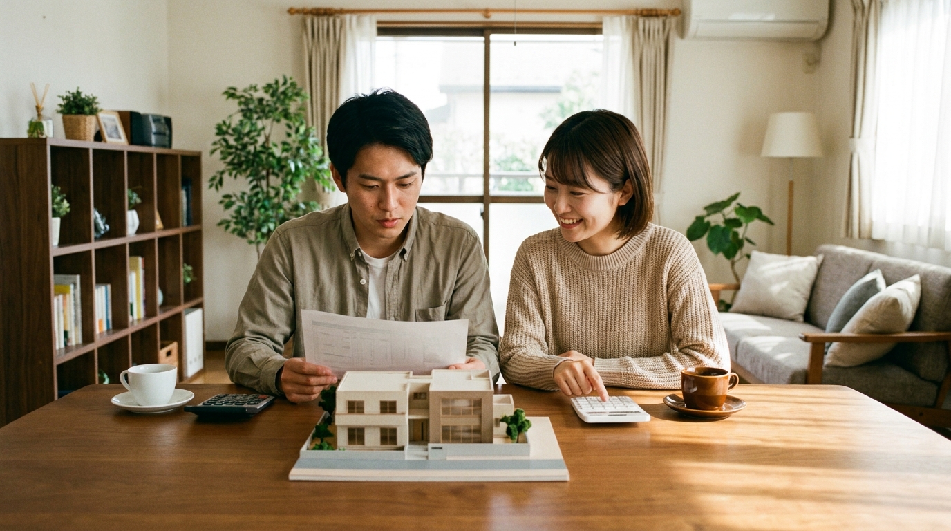 若い夫婦が住宅模型と電卓を前に、不動産取得税などの資金計画について笑顔で話し合っている。