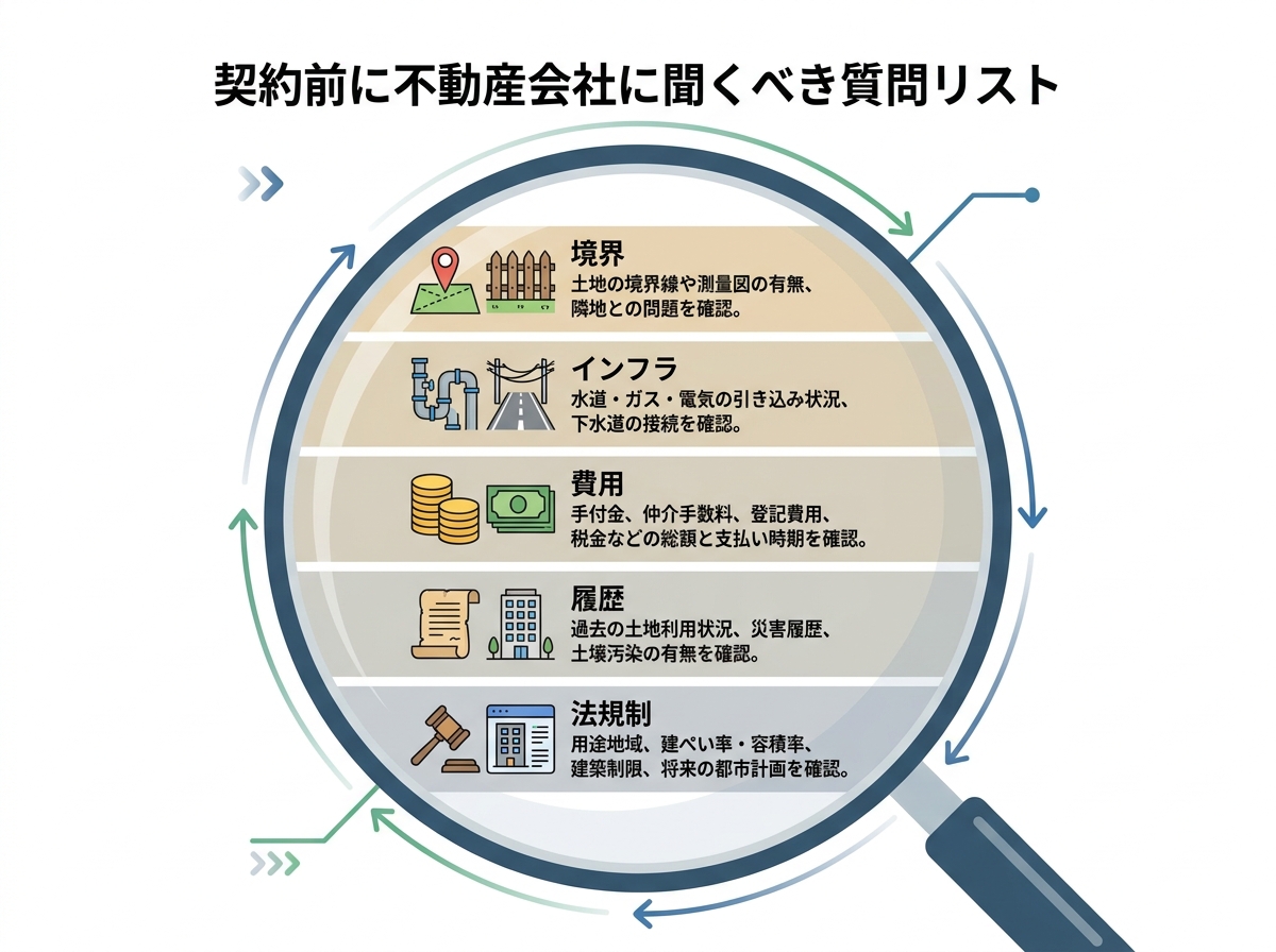 土地契約前に不動産会社に確認すべき質問リストの図解。境界、インフラ、費用、土地の履歴、法規制の5つの重要項目を虫眼鏡アイコンで強調している。