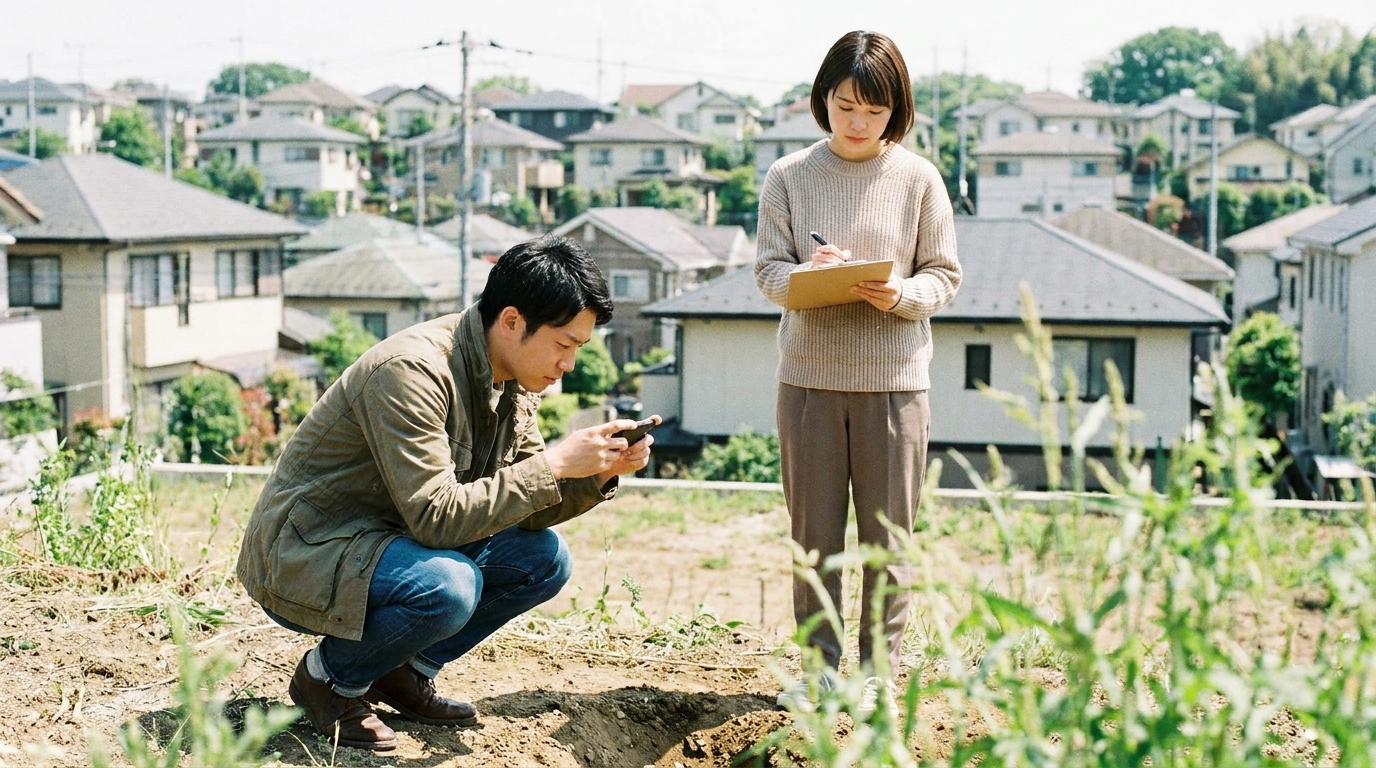 後悔しない土地選びのため、契約前に現地調査で地面の状態を細かくチェックする若い夫婦。