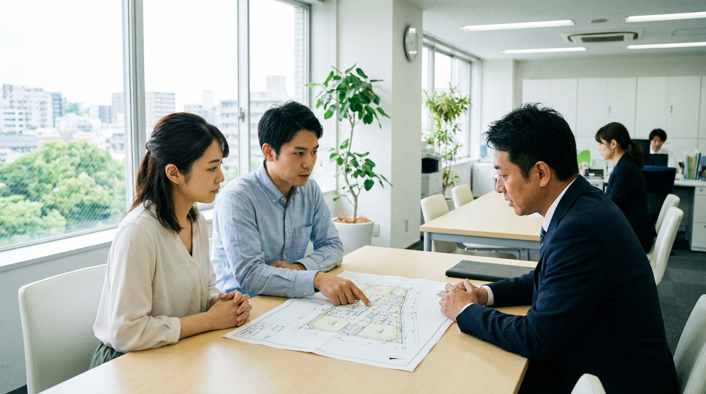 不動産会社の担当者に土地の排水について質問している夫婦。現地調査で見つけた疑問点を確認している。