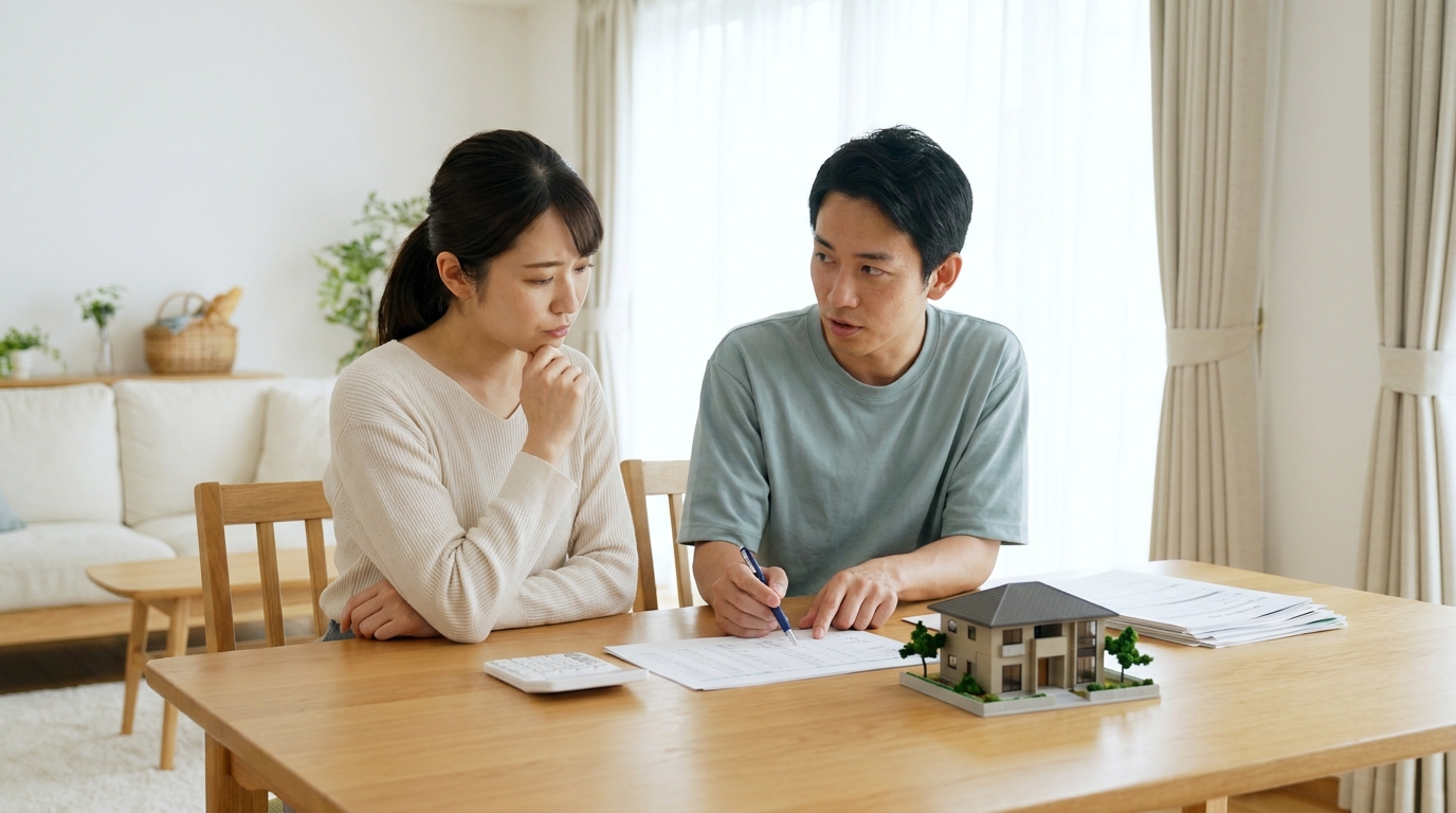 家の将来の資産価値について話し合う夫婦。家の模型や電卓を前に、所有権と借地権のどちらを選ぶべきか真剣に検討している様子。
