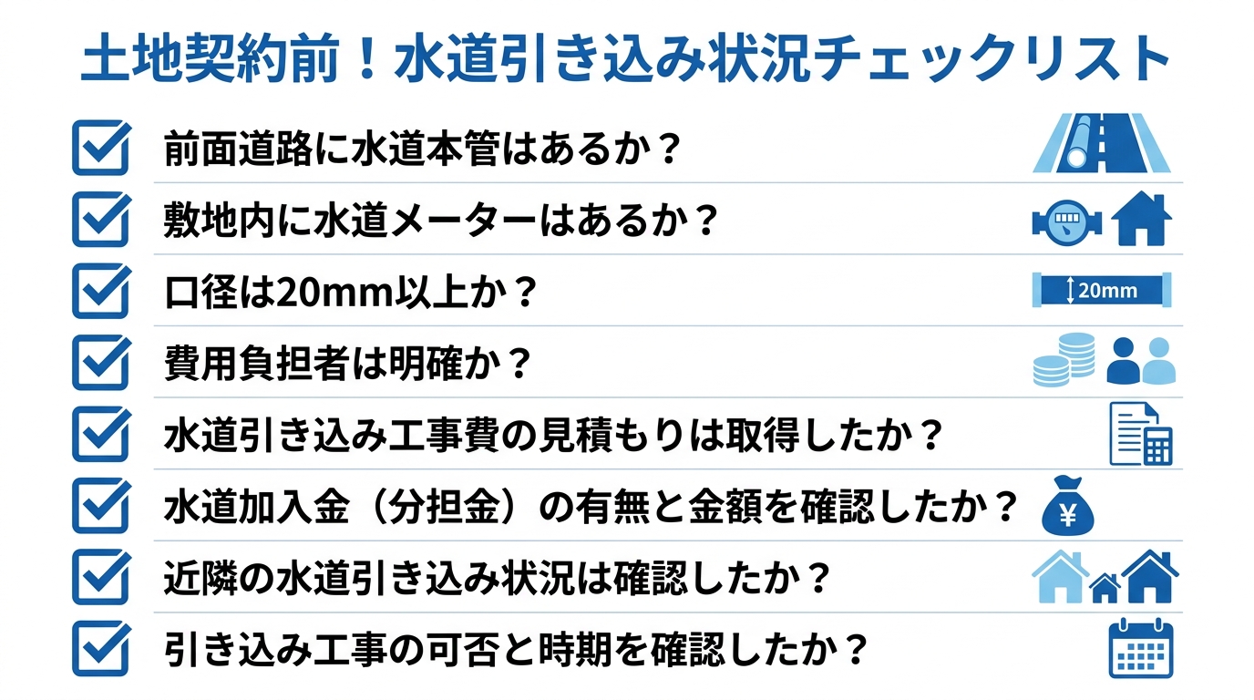 土地購入の契約前に確認すべき水道引き込み状況のチェックリスト。本管の有無、メーター、口径、費用負担者などの項目がまとめられている。