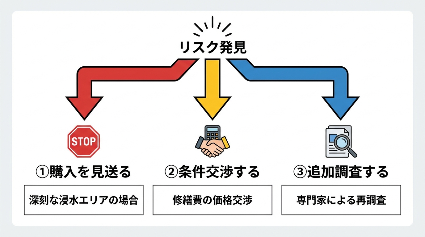 土地の排水リスクが見つかった場合の判断フロー図。見送る、条件交渉する、追加調査するという3つの選択肢とそれぞれの具体的なアクションが示されている。